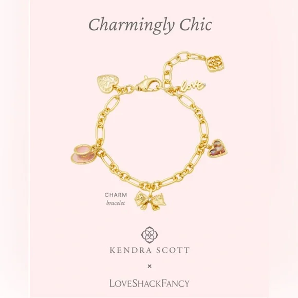 🎀 KENDRA SCOTT x LOVESHACKFANCY Charm Bracelet with Locket Bow Heart Teacup Love - Picture 4 of 8
